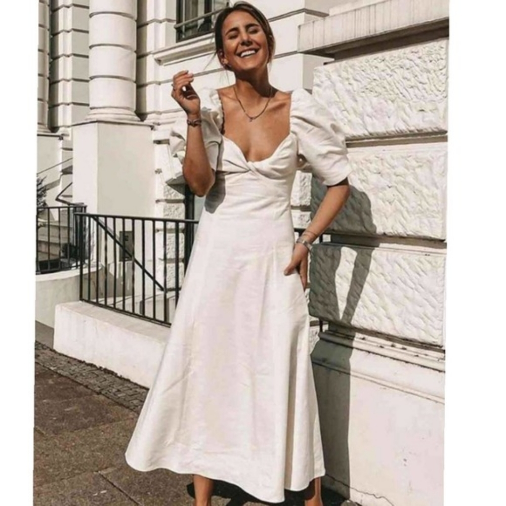 Zara rustic knotted white linen dress off shoulder balloon sleeve midi